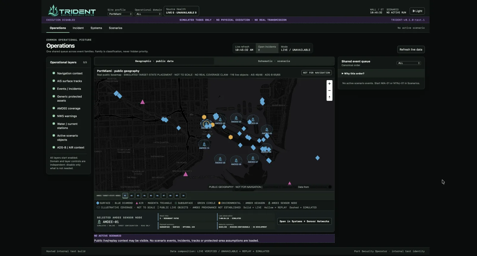 TRIDENT operations workspace showing a common operational picture over Miami.
